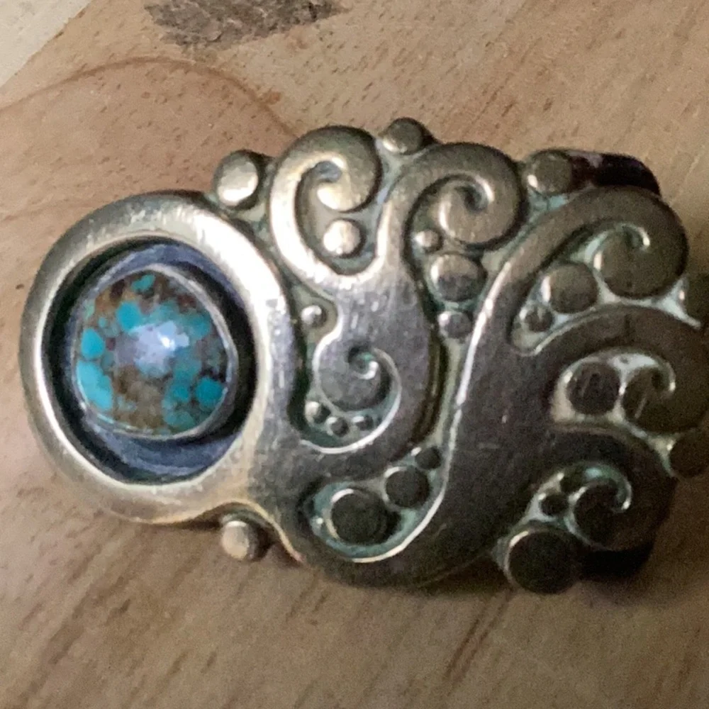 K Dupre vintage brass belt buckle Cabochon set stone Handmade 60s 70s boho mcm